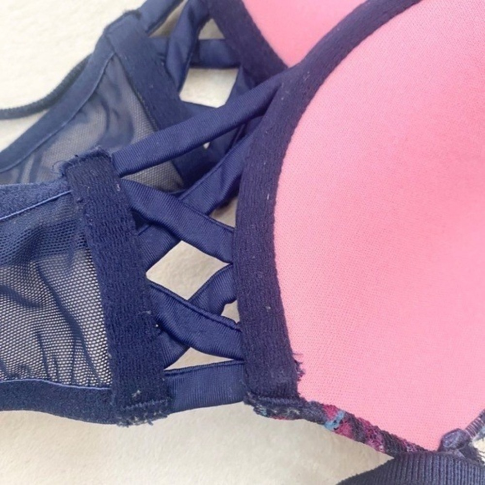 PINK Victoria's Secret Lace Date Push-Up Bra 32B Blue Pink Floral - Picture 7 of 8